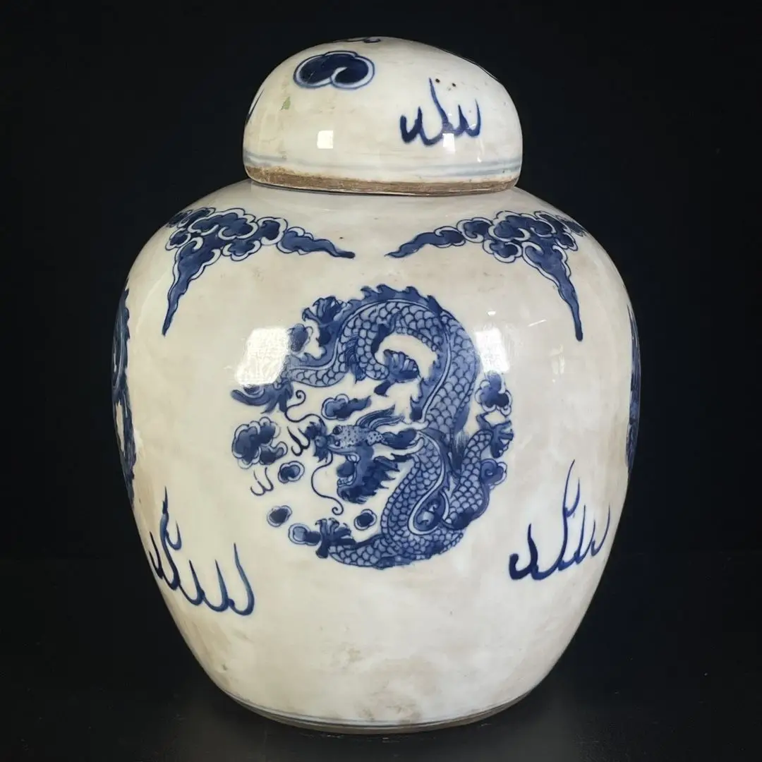 Chinese Antique Blue and White Porcelain Pottery Dragon Phoenix Pattern Lidded Jar Handmade Cultural Art Work Statue Sculpture