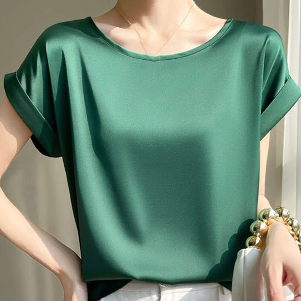 

Commuting Green Satin Blouse Short Sleeve Shirt Casual Wear Short Sleeve Satin Fabric Polyester Spandex Pullover For Office
