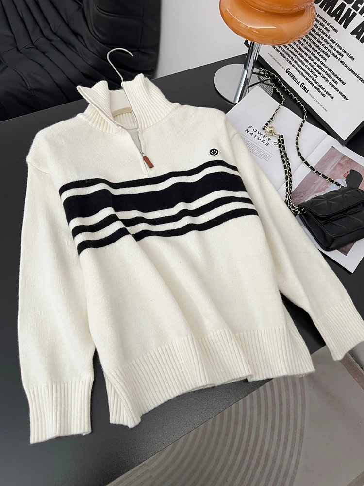 

Женский повседневный свободный вязаный свитер в полоску, на весну-осень, больших размеров, комфортный, мягкий, с цветными блоками, топ