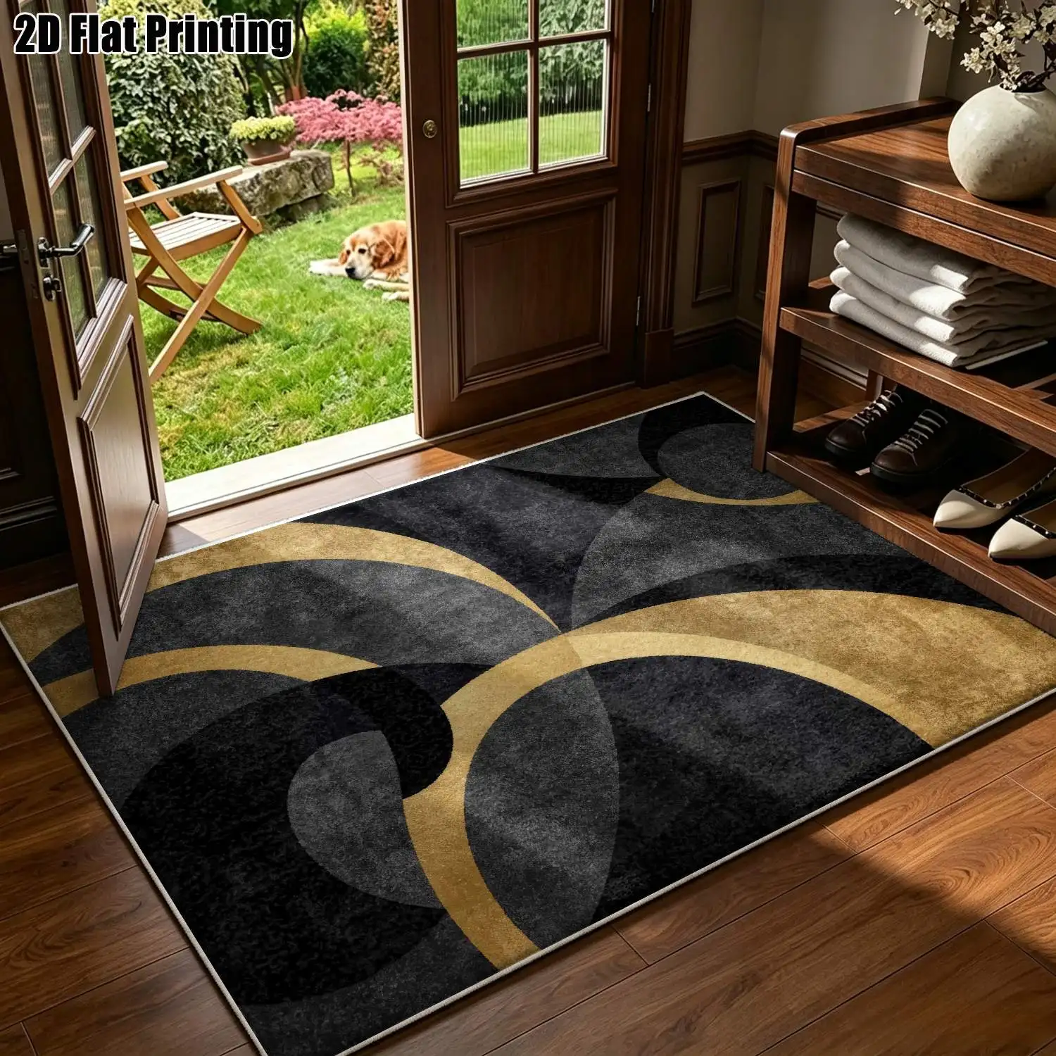 1Pc 2D Printed Black Gold Geometric Velvet Carpet, Modern Minimalist/European/Instagram Style, Machine Washable, Multi-Size, for Home Decor & Multi-Scene Use