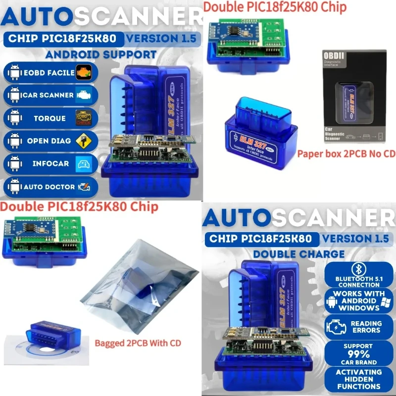 NEW Double PIC18F25K80 ELM327 V1.5 OBD2 Bluetooth/WIFI Car Diagnostic Tool For Android/ IOS/windows Scanner Code Smart 9Protocol