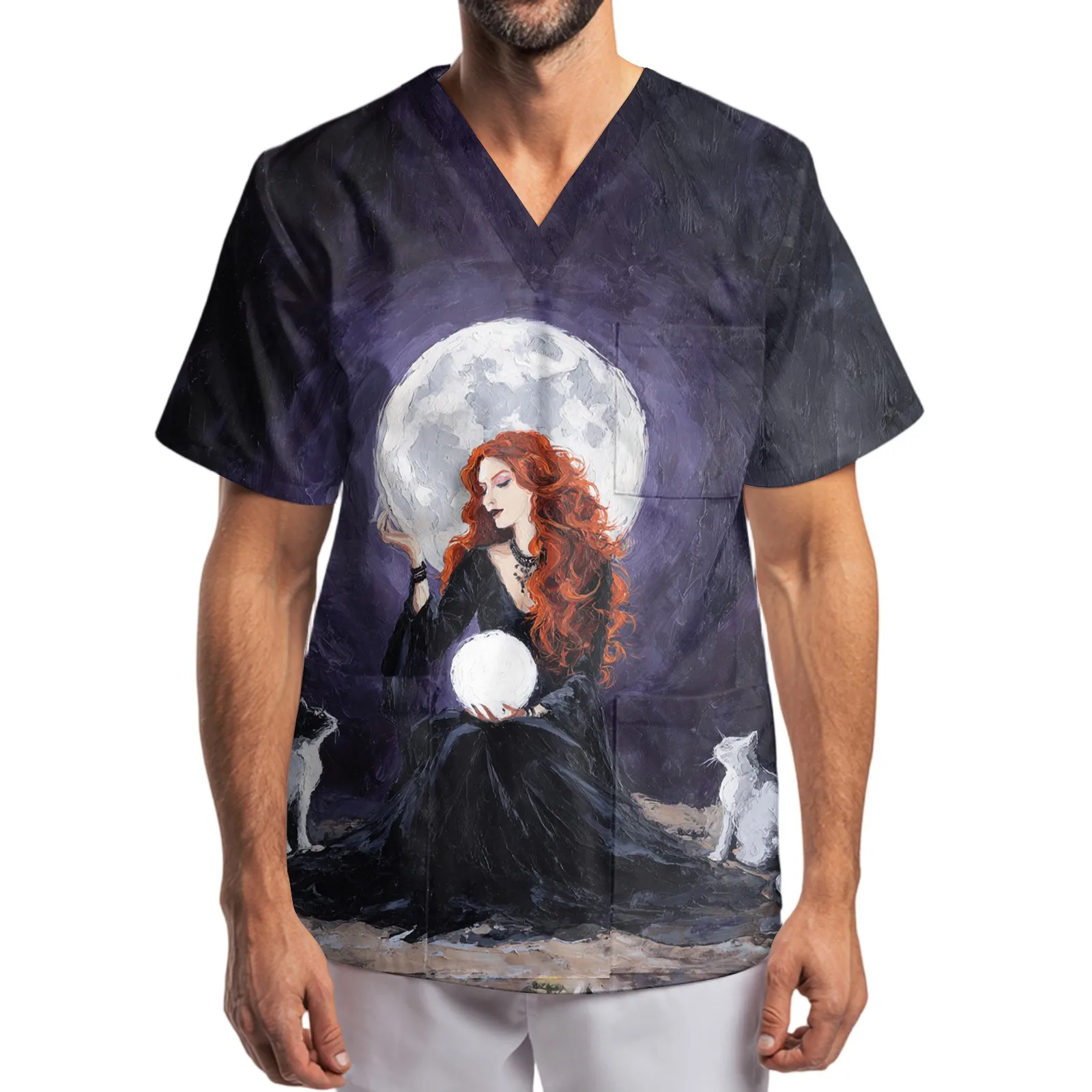 Halloween Wizard Fire Dance Graphic Cotton Tshirt Mystical Halloween Top Sorcerer Flame Print Tee Magical Party Apparel