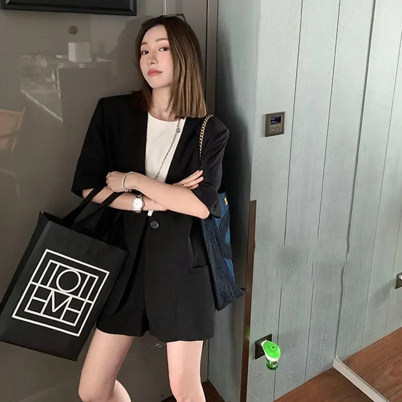 Insozkdg الراقية رقيقة البدلة سترة للنساء صيف جديد الكورية موضة الخامس الرقبة قصيرة الأكمام الصلبة فضفاض سترات غير رسمية النساء بلايز