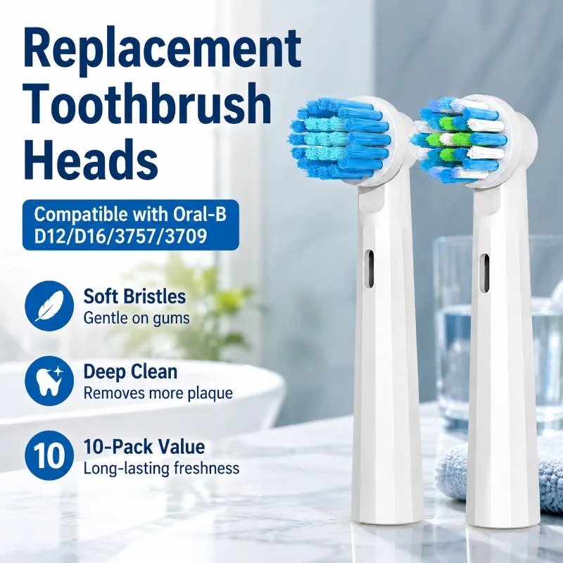 Replacement Electric Toothbrush Heads Compatible with Braun Oral-B Fit D12 D16 3757 3709 Models Soft Dupont Bristles Clean Brush