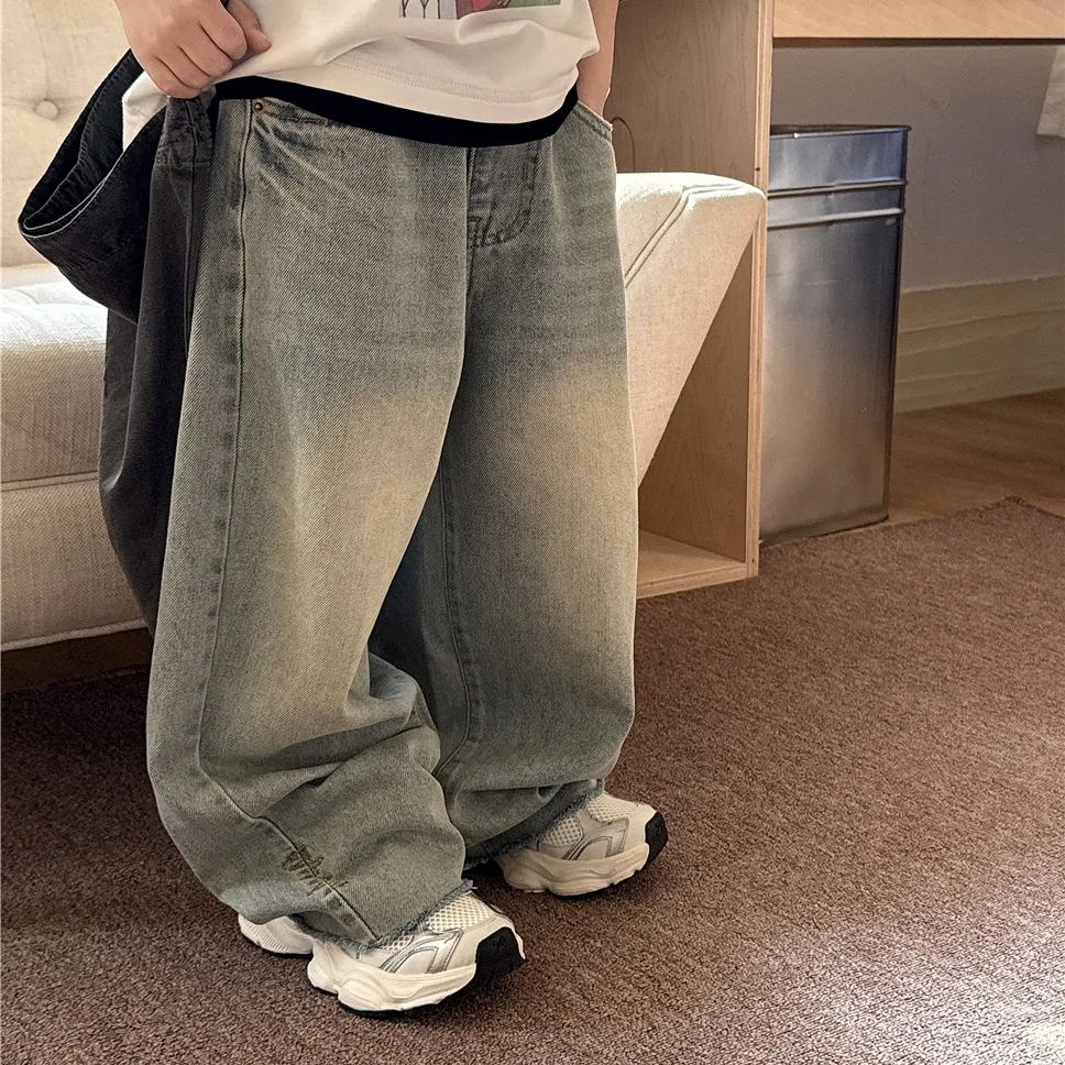 

Children Clothes 2025 Spring Summer Denim Pants Retro Chic Boys and Girls Korean Style Full Length Loose Fashionable Jeans