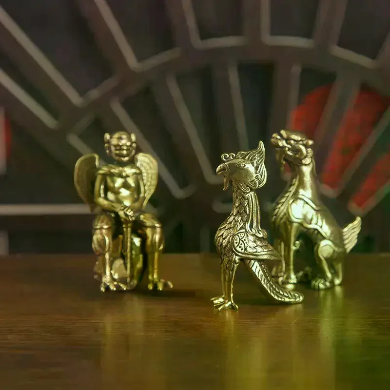 【New】Brass Small Statue Desktop Ornament Chinese Mythical Beast Figurines Retro Home Feng Shui Decorations Crafts