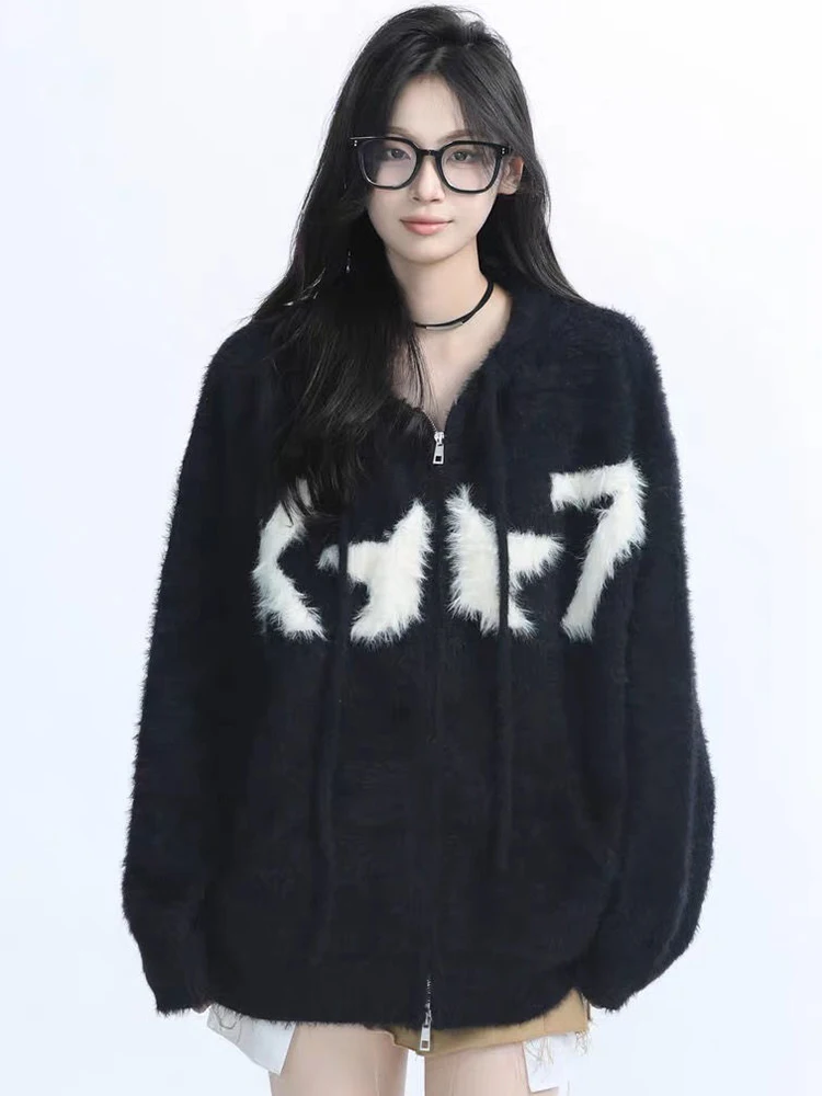 

Faux Mink Cashmere Y2K Cardigan Sweater Women Streetwear American Vintage Knitted Hooded Jackets Hip Hop Star Letter Bf Tops New