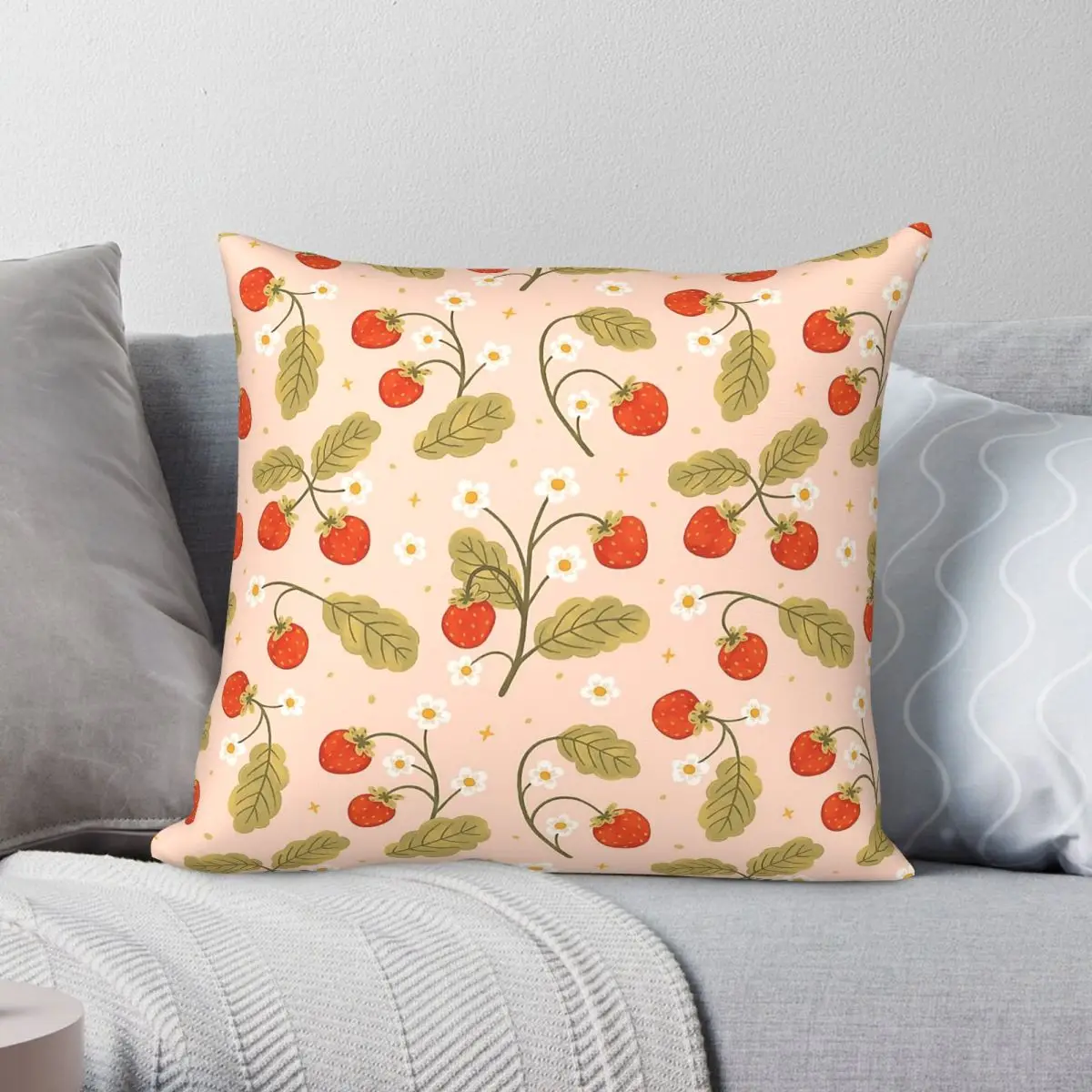 Sweet Strawberries Pillowcase Polyester Linen Velvet Printed Zip Decorative Bed Cushion Cover 45x45