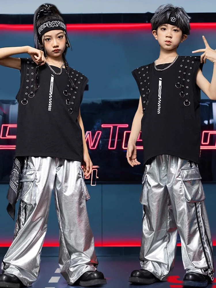 

Boys Hip Hop Clothes Punk Black Vest Silver Pants Street Dance Costume Girls Modern Jazz Dance Performance Stage Outfits BL13476