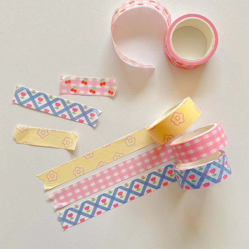 1Pcs Pink Grid Cherry Flower Washi Tape Decorative Adhesive Tape Color Masking Tape For Sticker Scrapbooking DIY Stationery Tape