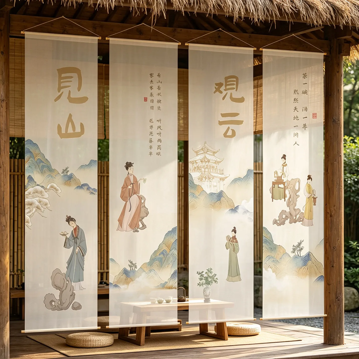 Ethereal Calligraphy Room Divider Screen – Flowing Voile Partition for Bookstore Rooftop Cafe Boutique Hotel Wabi Sabi Aesthetic