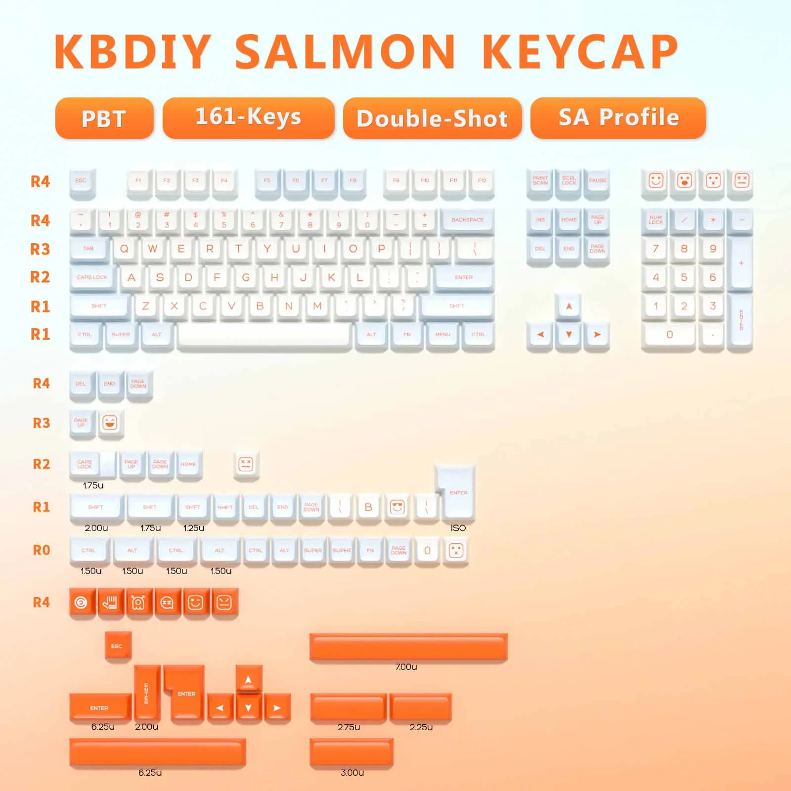 Imagem -02 - Kbdiy-conjunto de Teclas Mecânicas do Teclado 161 Teclas Pbt Salmon Double Shot Perfil SA Iso 7u mx Switch 84 87 98 Personalizado