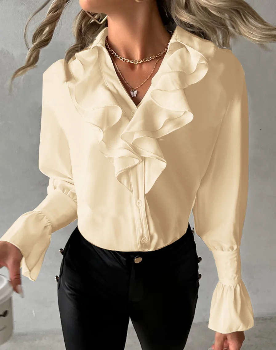 Ruffle edge long sleeved V-neck solid color women\'s shirt shirt shirt, professionally designed to showcase professional charm