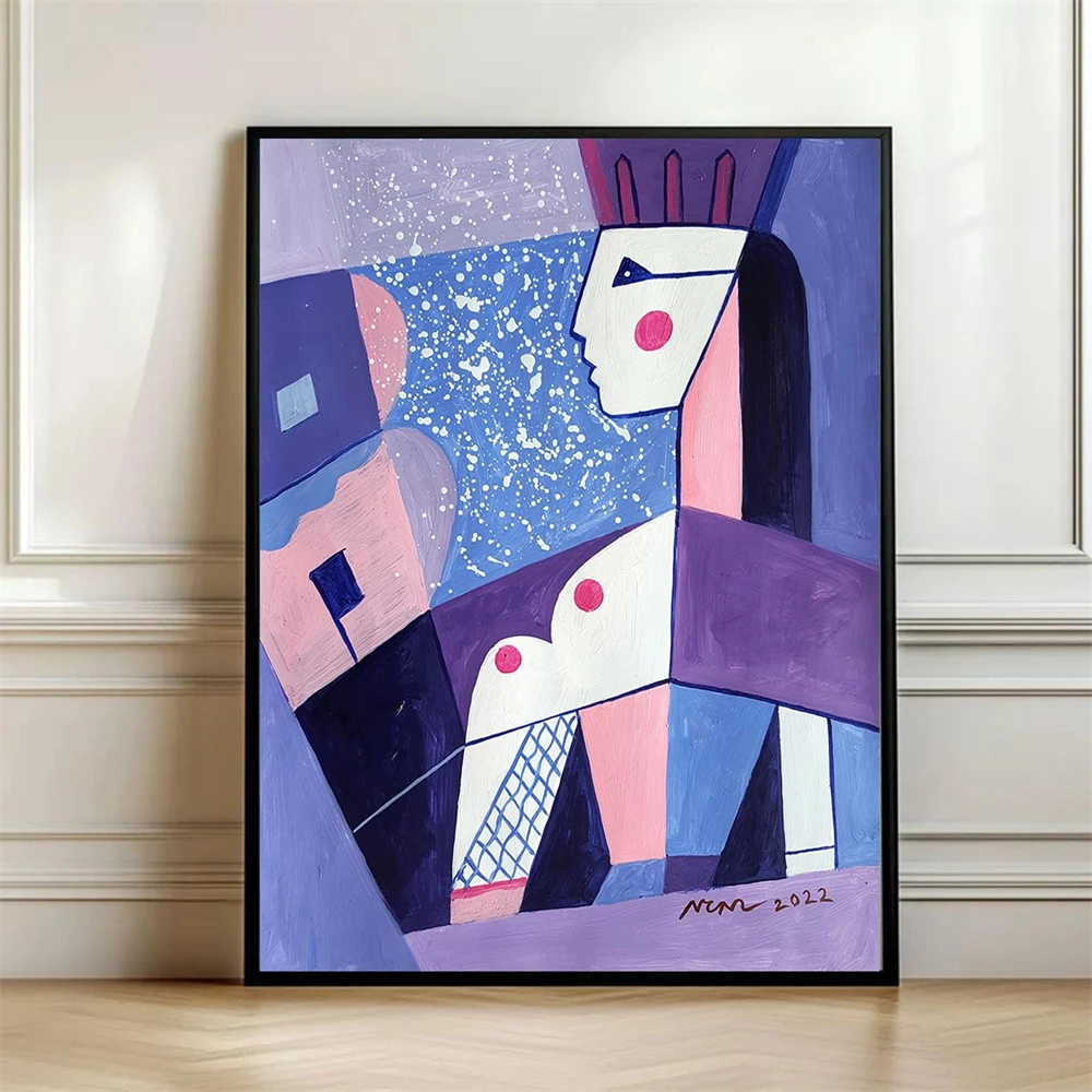 Modern Portrait Art Print Poster Girl with Vase Art Abstract Blue Dance Legs Abstract Art Print Minimalist Canvas Painting