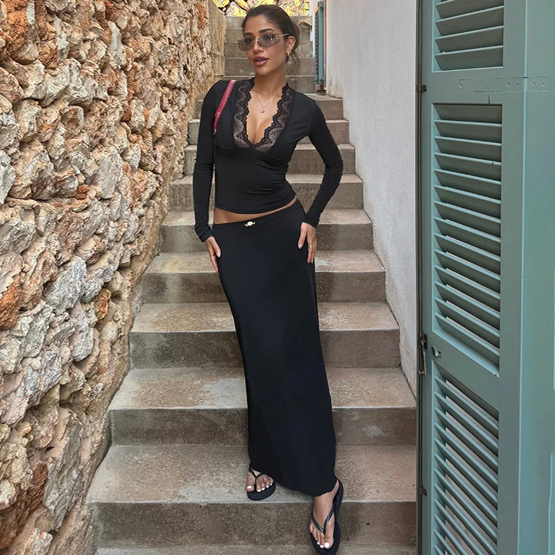 Setelan Dua Potong Tornova Lace T-shirt dan Rok Wanita Seksi dengan Atasan Slim Plunge dan Rok Panjang Pinggang Tinggi yang Elegan untuk Liburan