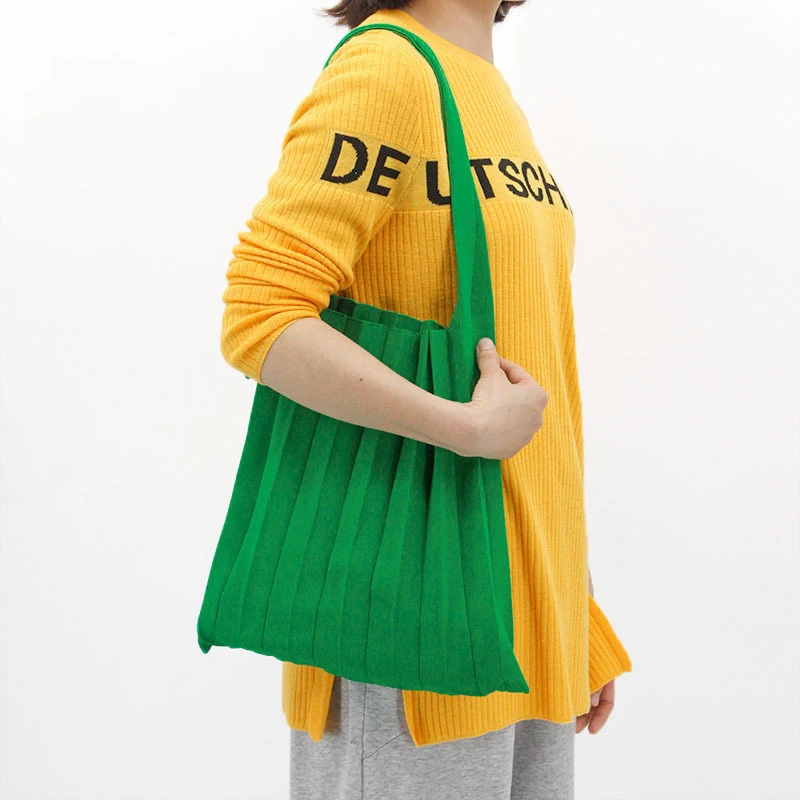 Knitted Foldable Storage Handbag Casual Large Capacity Reusable Eco Folding Shopping Tote Bags For Women Organ Pleats 가방