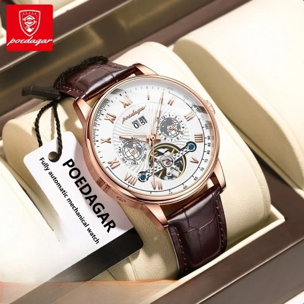 POEDAGAR Men Automatic Mechanical Watch Skeleton World Map Dial Week Date Luminous Waterproof Leather Band Business Wristwatch