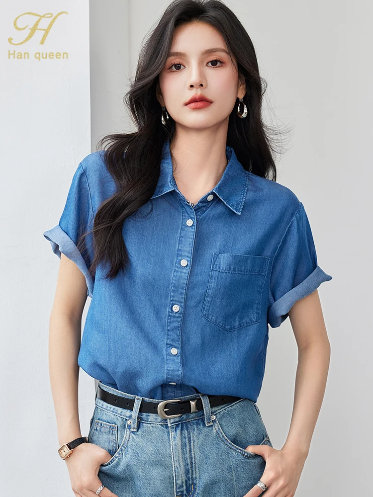 H Han Queen Summer Short Sleeve Shirt Women Blouse Vintage Work Casual Tops Blouse Japanese Vintage Clothes Loose Denim Shirts