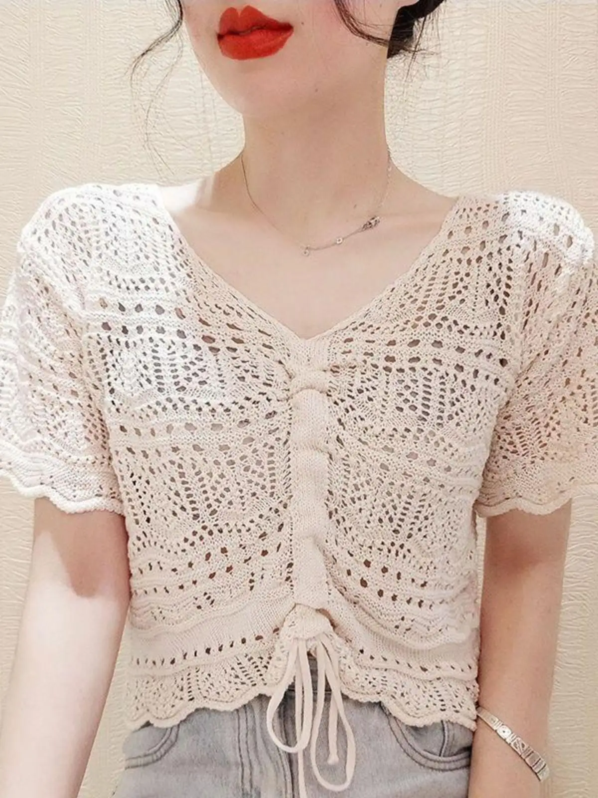 Kanten rand Dstring Knitwear ort Sve Dames losse ell top chiffon blouse uitgehold ontwerp zomer faion dames cl...