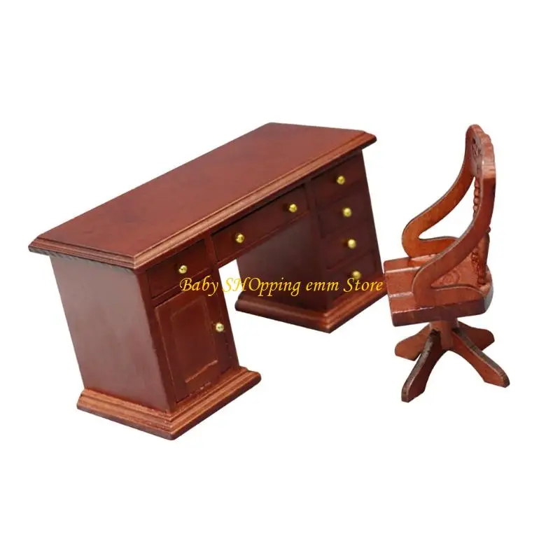 

23GD 1/12 Scale Study Room Desk And Chair Miniature Wooden Toy House Addition Item