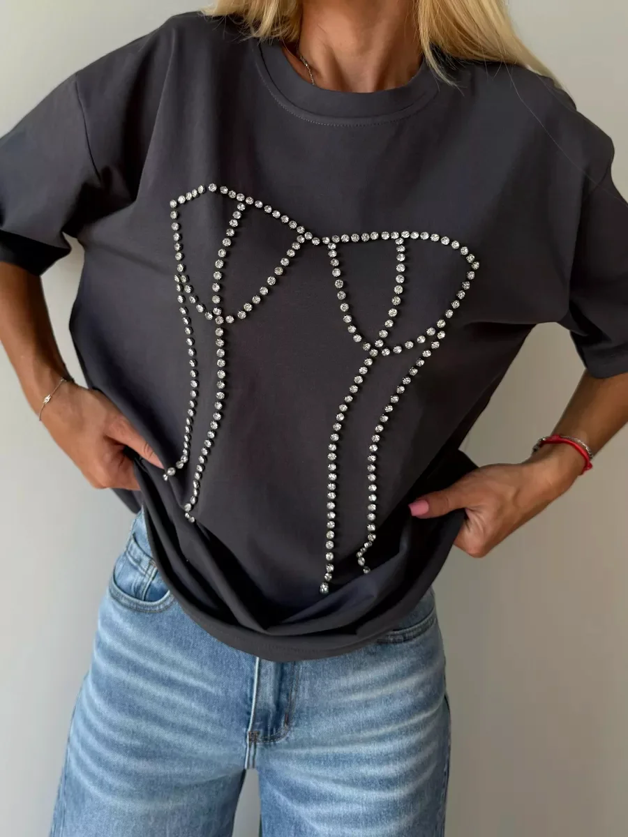 

2025 Summer New Women Funny Print T Shits Design Hot Diamond Loose T-shirt Y2k Top