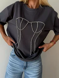 2026 Summer New Women Funny Print T Shits Design Hot Diamond Loose T-shirt Y2k Top