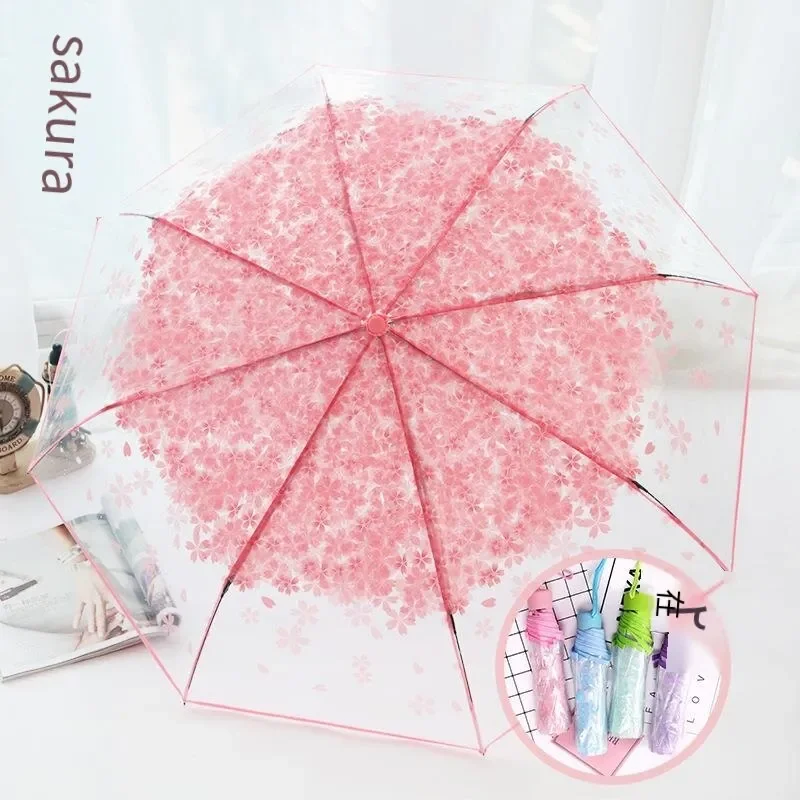 Korean Umbrella Folding Cute Korean Mini Fresh Simple Sen Series Trifold Japanese Cherry Blossom Transparent Umbrella