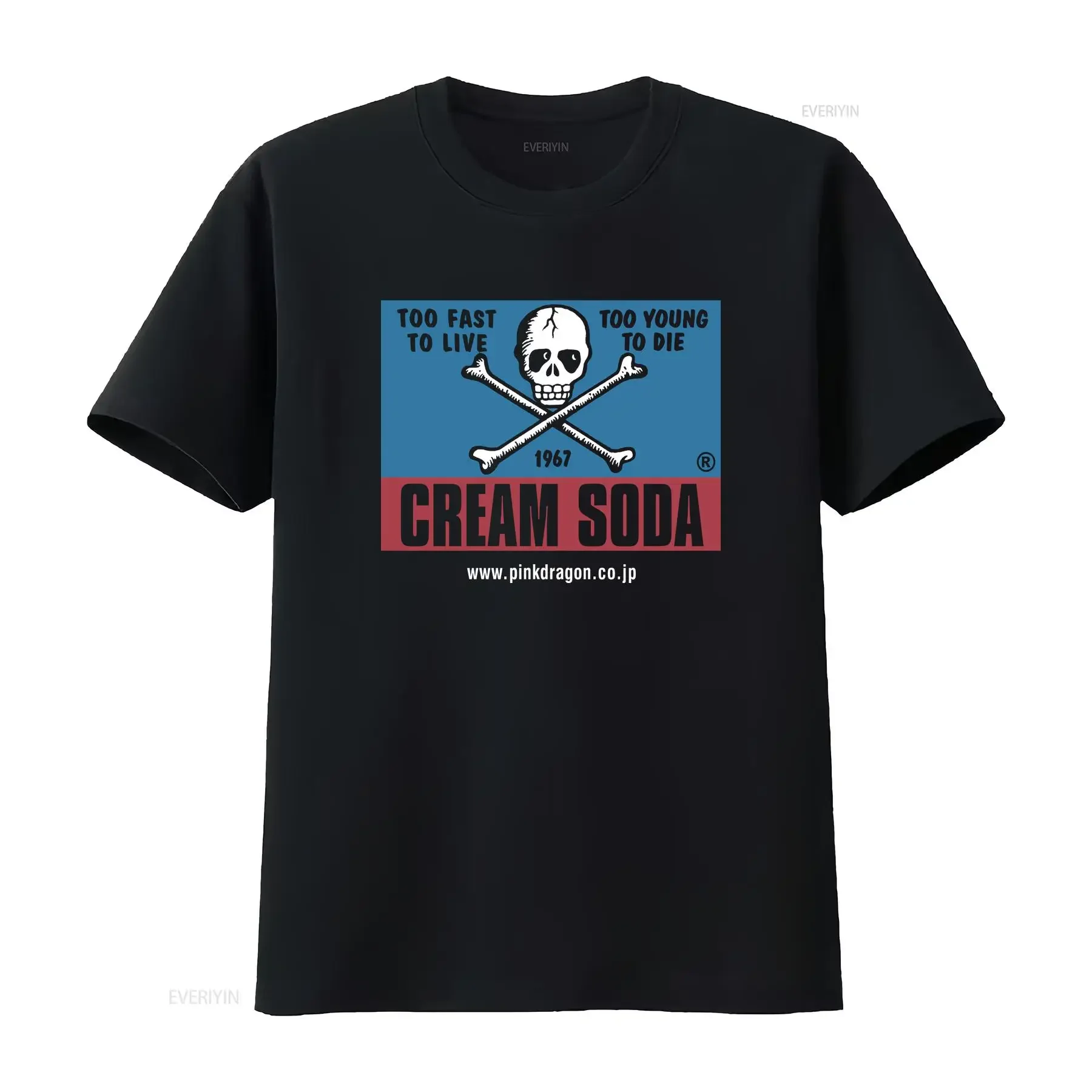 Vintage Cream Soda Skull Japanese Brand Streetwear T Shirt long or short sleeves vintage Washed Top For Everyday Wear Slightly