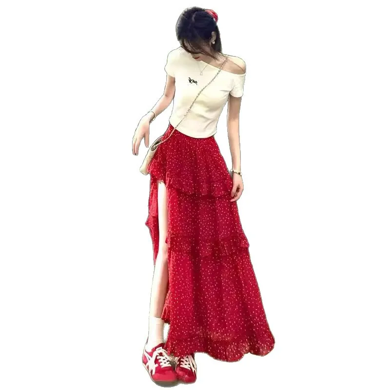 Spot 2025 red polka dot split skirt women's summer cake skirt irregular a-word skirt beautiful skirt