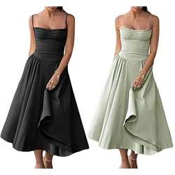 Combhasaki Women's Summer Vintage Casual Solid Color Sleeveless Backless Fashion Dropped Waist Low-Cut Cami A-line Long Dress