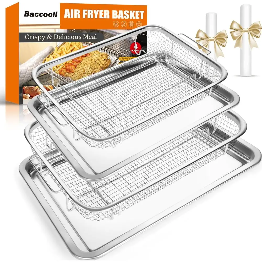 

Air Fryer Basket and Stainless Steel Oven Air Fryer Basket and Tray Set, 2 Pack Air Fryer Pan Rack with 100 Pcs Parchment Papers