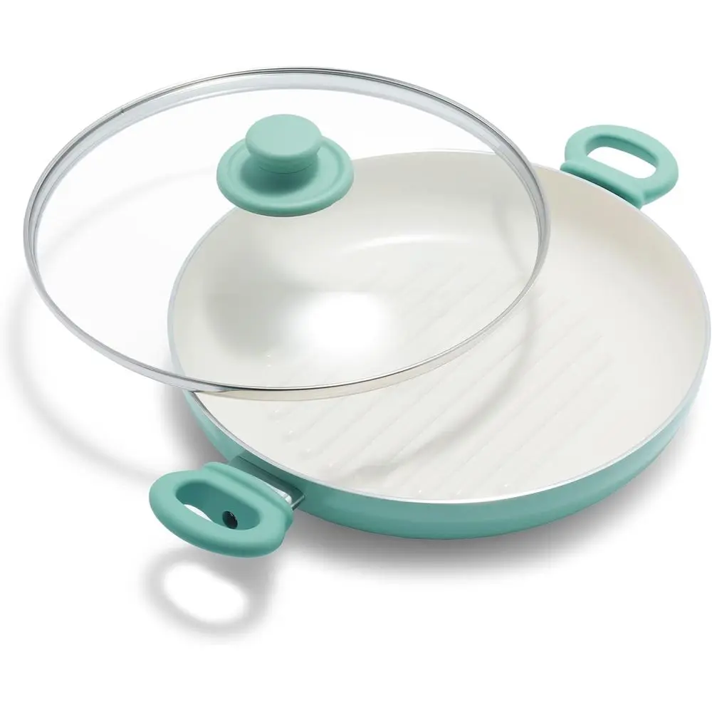 

11” y Ceic Nonstick Grill Pan with 2 Handles and Lid, PAS-ree, RivetlInterior, Grill Ridges, Dishwasher Sae, Oven Sae, Turquoise