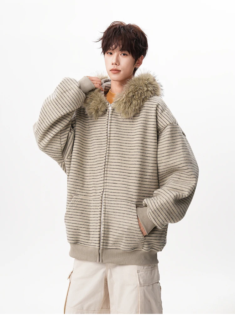 American High Street Fashion Trend Fur Collar Fleece-Lined Hooded Sweatshirt Youth Popular Winter Loose Warm Coat for Men