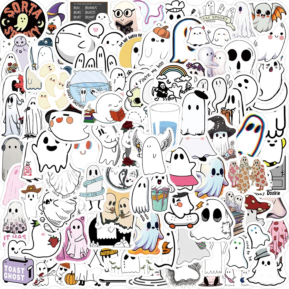 

10/30/50/100pcs Kawaii White Ghost Cartoon Stickers Decorative Halloween Sticker Water Bottle Laptop Window Phone Kid Decal Toys