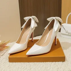 Women's White Red Sole High Heel Shoes Spring Autumn New High Quality Bow Tie Thin Heel Pointed Single Shoe Woman ladies shoes