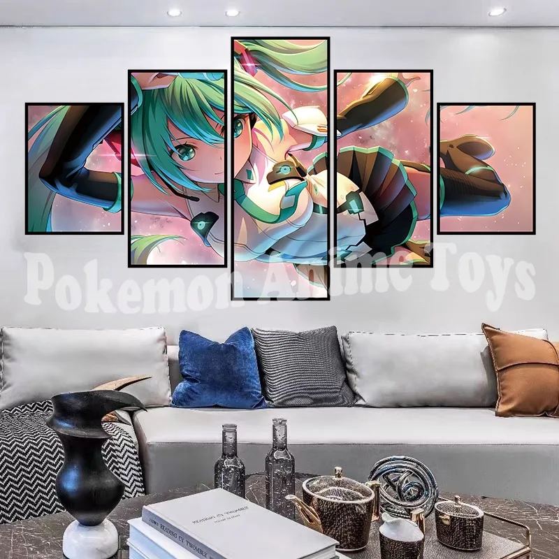 5pcs/set Virtual Idol H-Hatsunes M-Miku Canvas Poster Modern Art Mural Indoor Bedroom Bedside Display Combination Painting