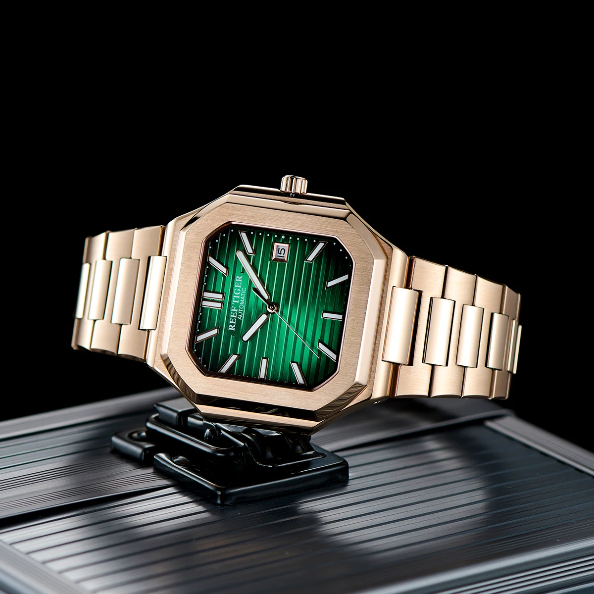 Męski zegarek automatyczny Reef Tiger, 44 mm, kwadratowy, mechaniczny, wodoszczelny do 5 ATM, luminescencyjny, szafirowe szkło, datownik.