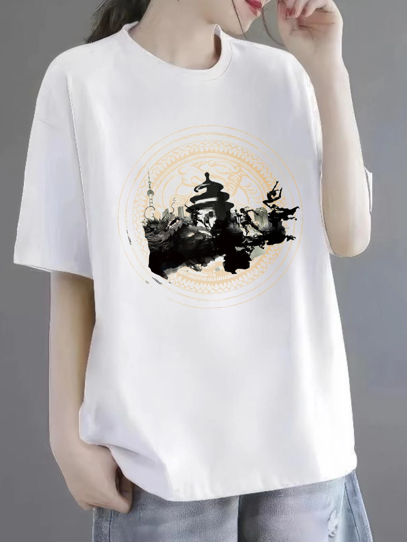 

Women's T-shirts Chinese style Short sleeve tee shirts & blouses graphic t shirts Casual 100% cotton Abstract Ink Art Design