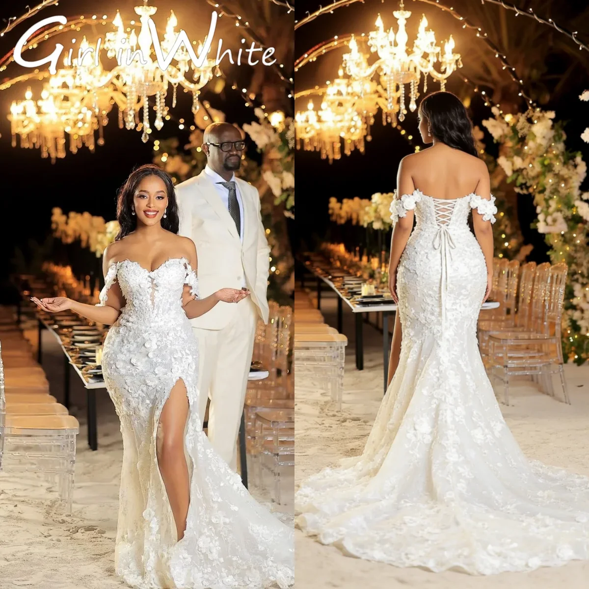 Customized White Sweetheart Elegant Mermaid Wedding Dress Off Shoulder Lace Stickers Decorative Strap Design Vestido De Novia