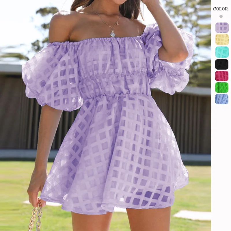 

Women Hawaii Casual Loose Plaid Short Dress Summer Dresses Lantern Sleeve Ruffle Elastic A-Line High Waist Skirt Outfit Vacation