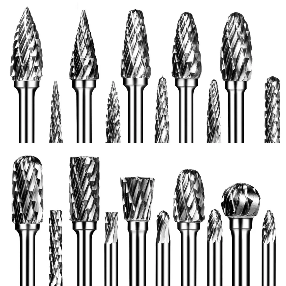 

A06R Double Cut Carbide Rotary Burr Set 20Pcs Die Grinder Bits 1/8 inch Shank Tungsten Carbide Cutting Burrs for Wood Working