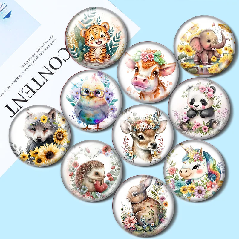 New flowers Tiger Ox rabbit Unicorn deer chickens12mm/18mm/20mm/25mm Round photo glass cabochon demo flat back Making findings