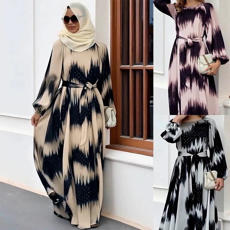 

Ramadan Morocco Malaysia Indonesia Muslim Arab plus size women's clothing luxury fashion hot stamping print dress+headscarf