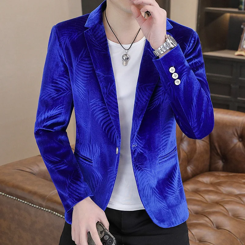 HOO 2024 Men's Spring New Gold Velvet Bamboo Leaf Flower Jacquard Handsome Casual   blazer