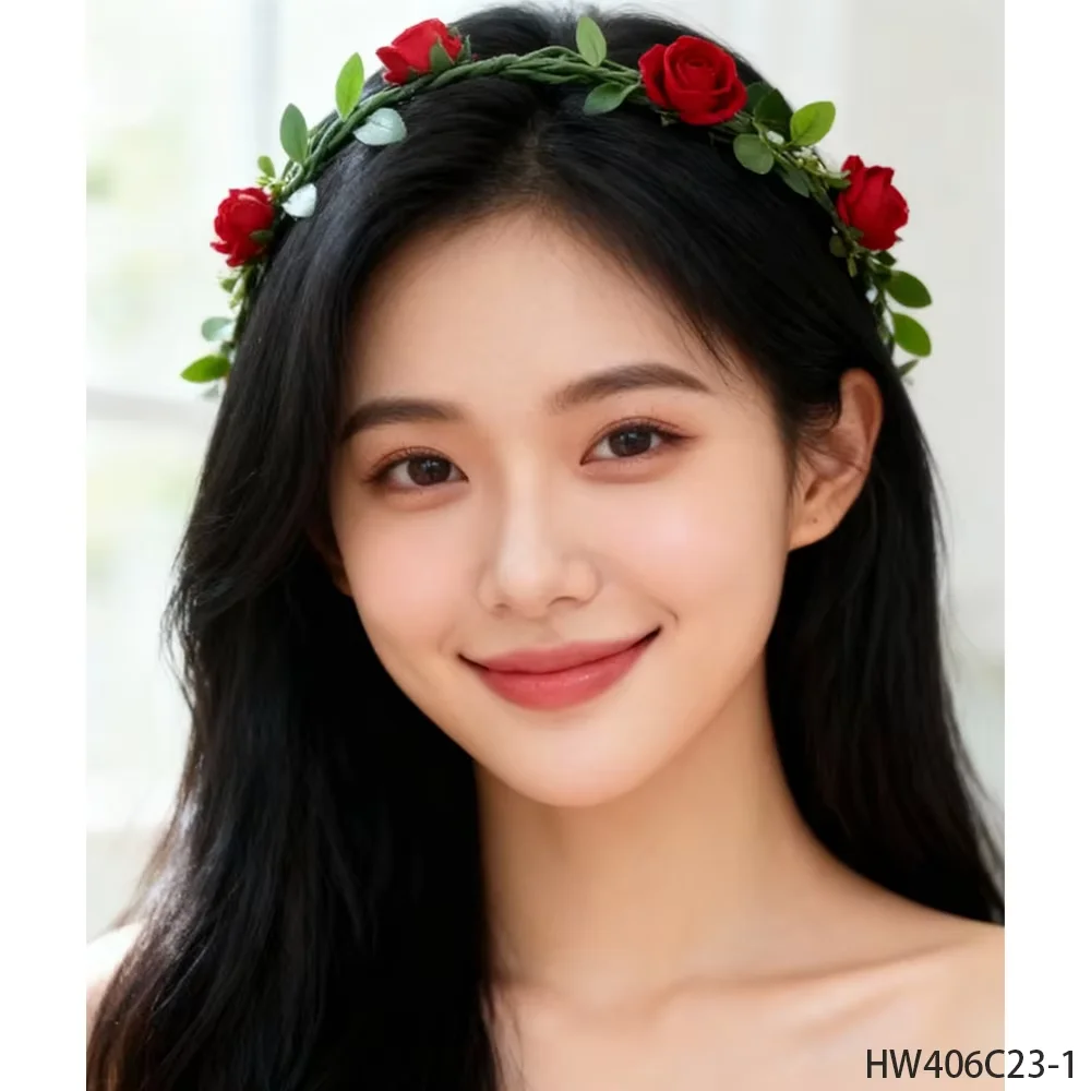 

PESENAR This is a red wreath hair accessory woven with green leaves and Hong's flowers Fit for Valentine's Day