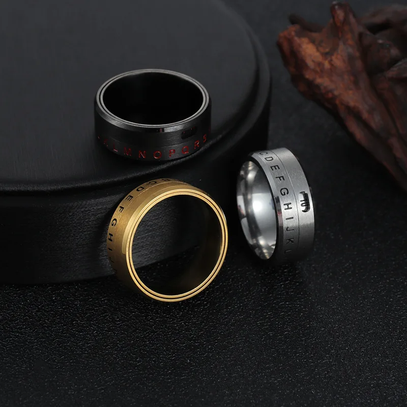 8MM Fashion Punk Biker Men's Stainless Steel Alphabet Number Spinner Ring Decoder Design Promise Rotatable Wedding Band view 2