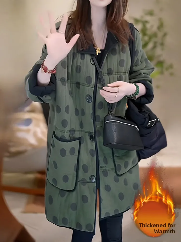 

Retro Polka Dot Spliced Double Sided Wear mid Length Ladies Cotton Jacket Autumn Winter New Style Versatile Cotton Coat for W...