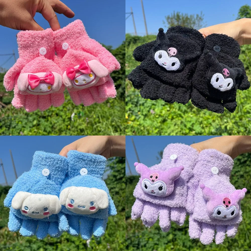 

Sanrio Kawaii Anime Kuromi My Melody Children Gloves Girl Heart Cute Cartoon Cinnamoroll Warm Winter Flap Half Finger Gloves Toy