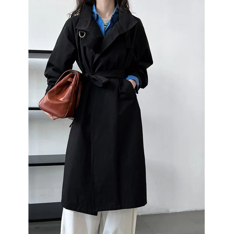 Autumn Stand Collar Long Trench Coat Women Loose Long Sleeve Oversized Over Knee Coat with belt Minimalist