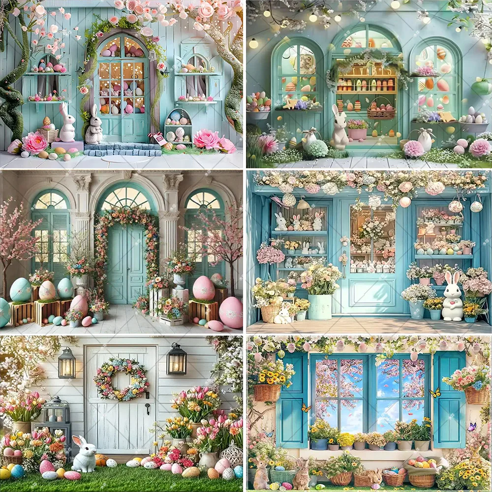 Spring Easter Day Theme Rabbit Easter Egg Flower Tulip Garden Shop Kids Portrait Photography Backdrop Floral Front Door Decor